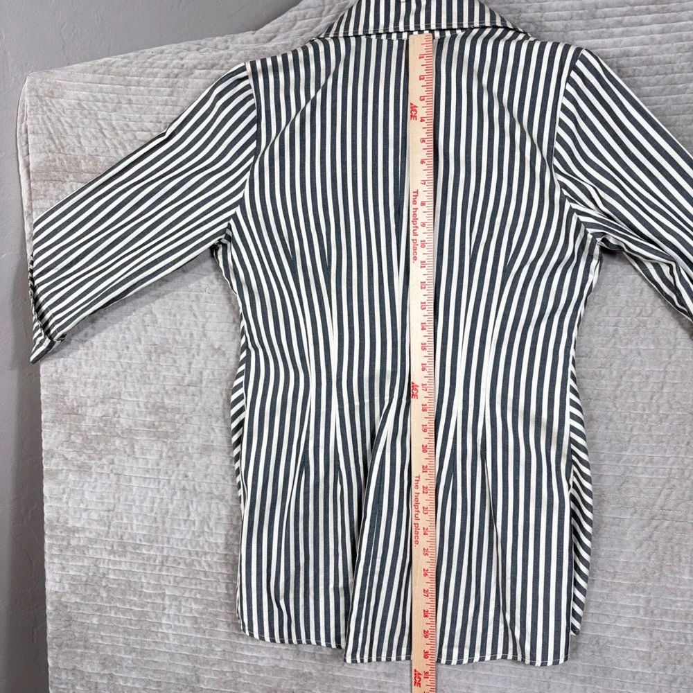 3 Sisters Black White Striped 100% Linen Tie Front Wrap Blouse Top L 3S539 USA